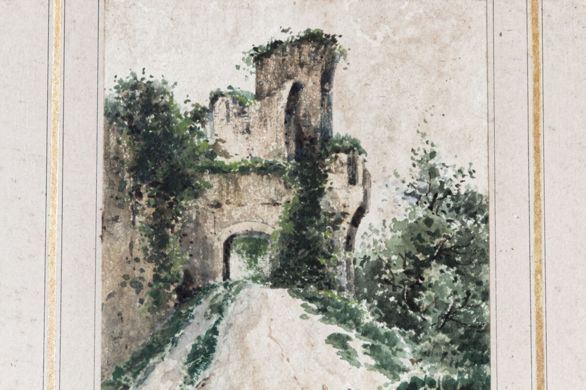 Watercolor signed, chickens in front of a ruin