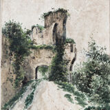Aquarelle signée, poules devant une ruine