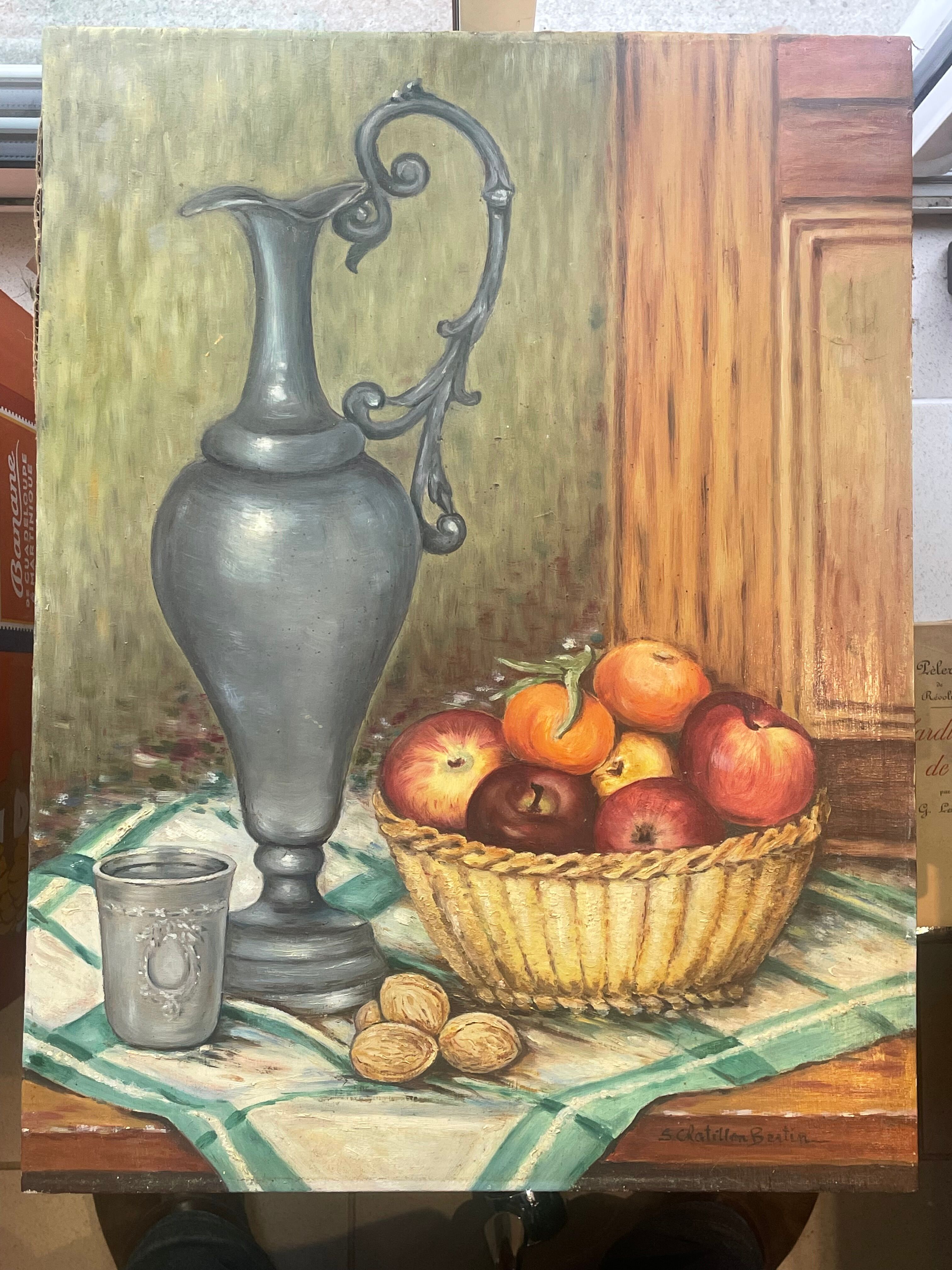 Still life, oil on panel, fruit basket, Signed S. Chatillon Bertin
