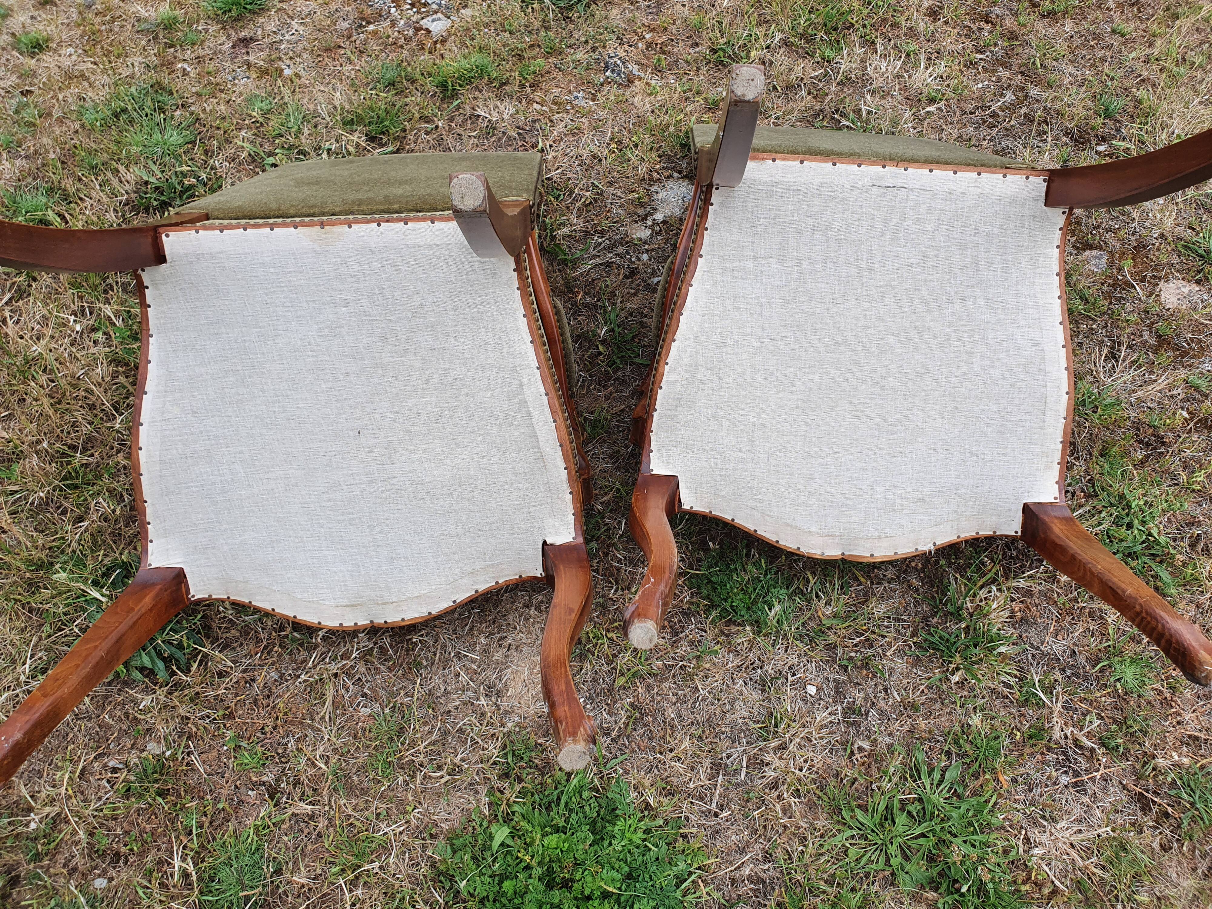 Pair of Louis X V style armchairs in green velvet