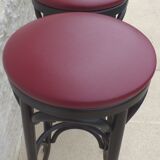 4 professional bistro stools with burgundy red imitation top in solid curved wood in the