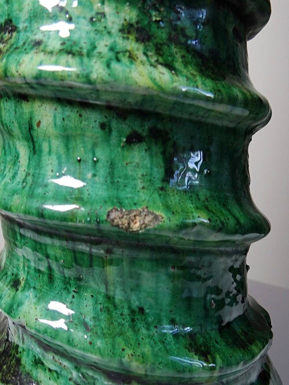 Large Tamegroute candlestick in green glazed terracotta, Morocco, 1960s-1970s.