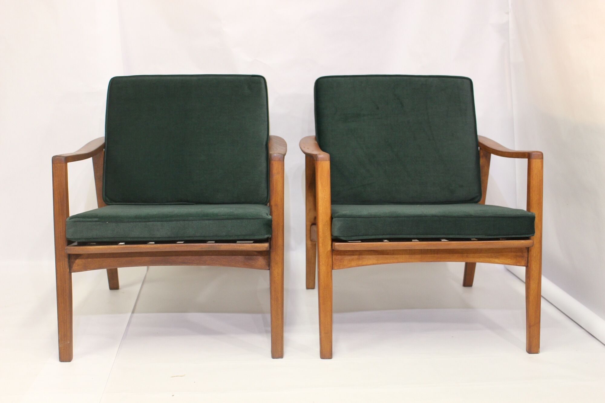 Pair of Scandinavian style armchairs, red velvet fir fabric 60s