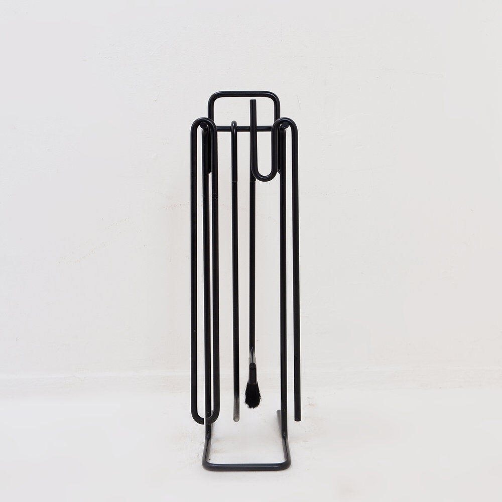 Minimalist black metal fireplace accessory set 'Mace-Line' by Ann Maes - 1970s
