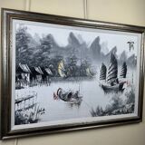 Large oil on canvas vintage painting Japanese style