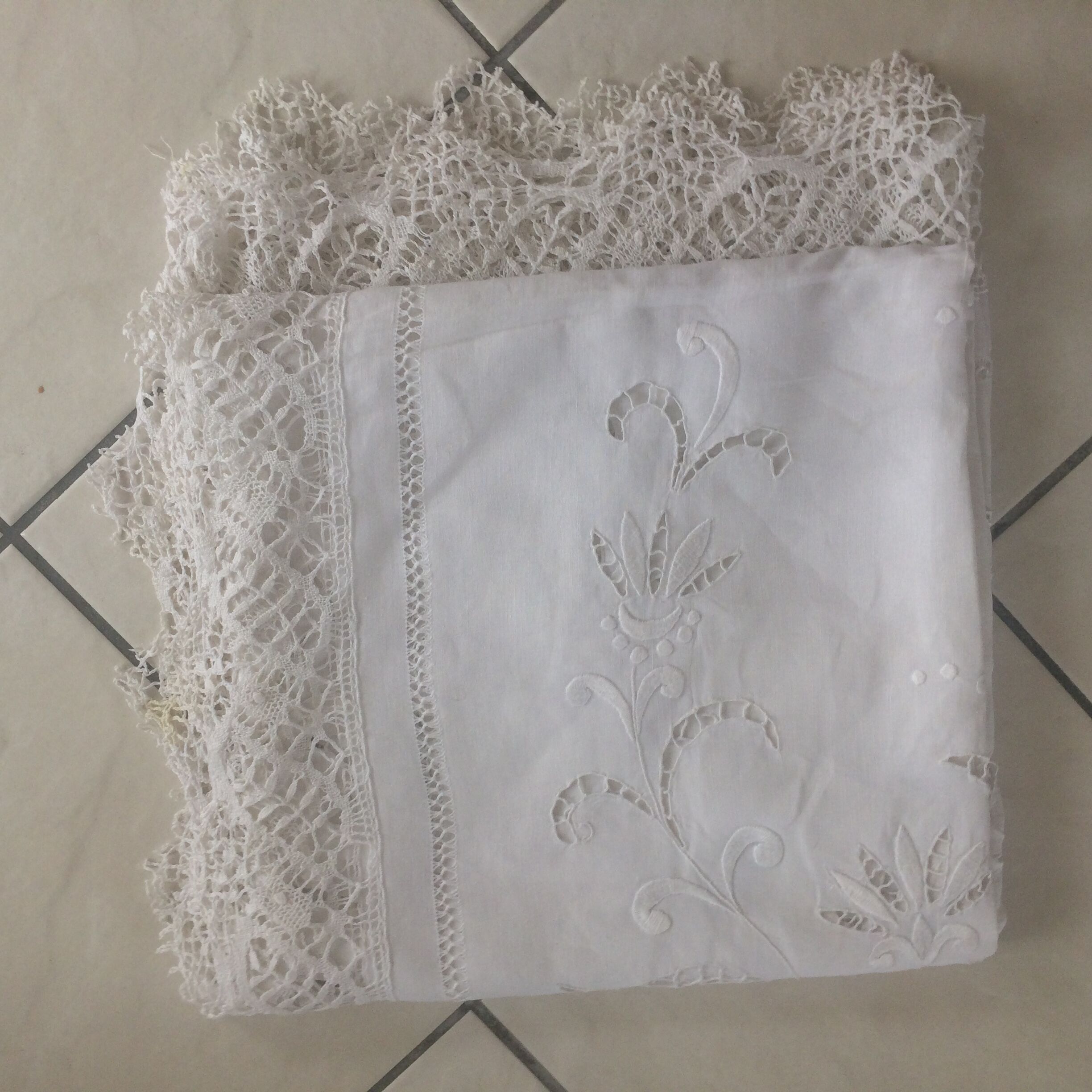 Old tablecloth with embroidery and handmade lace