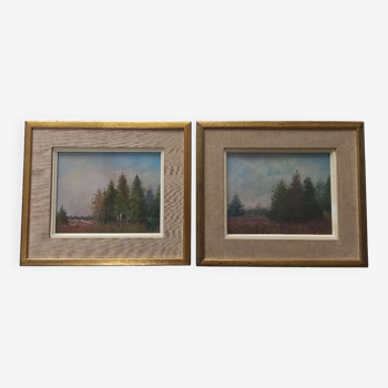 2 watercolors on wood representing the Campinois countryside. Signed