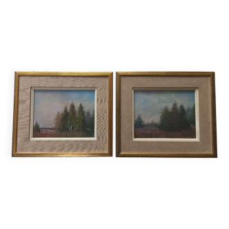 2 aquarelles sur bois représentant la campagne campinoise. Signées