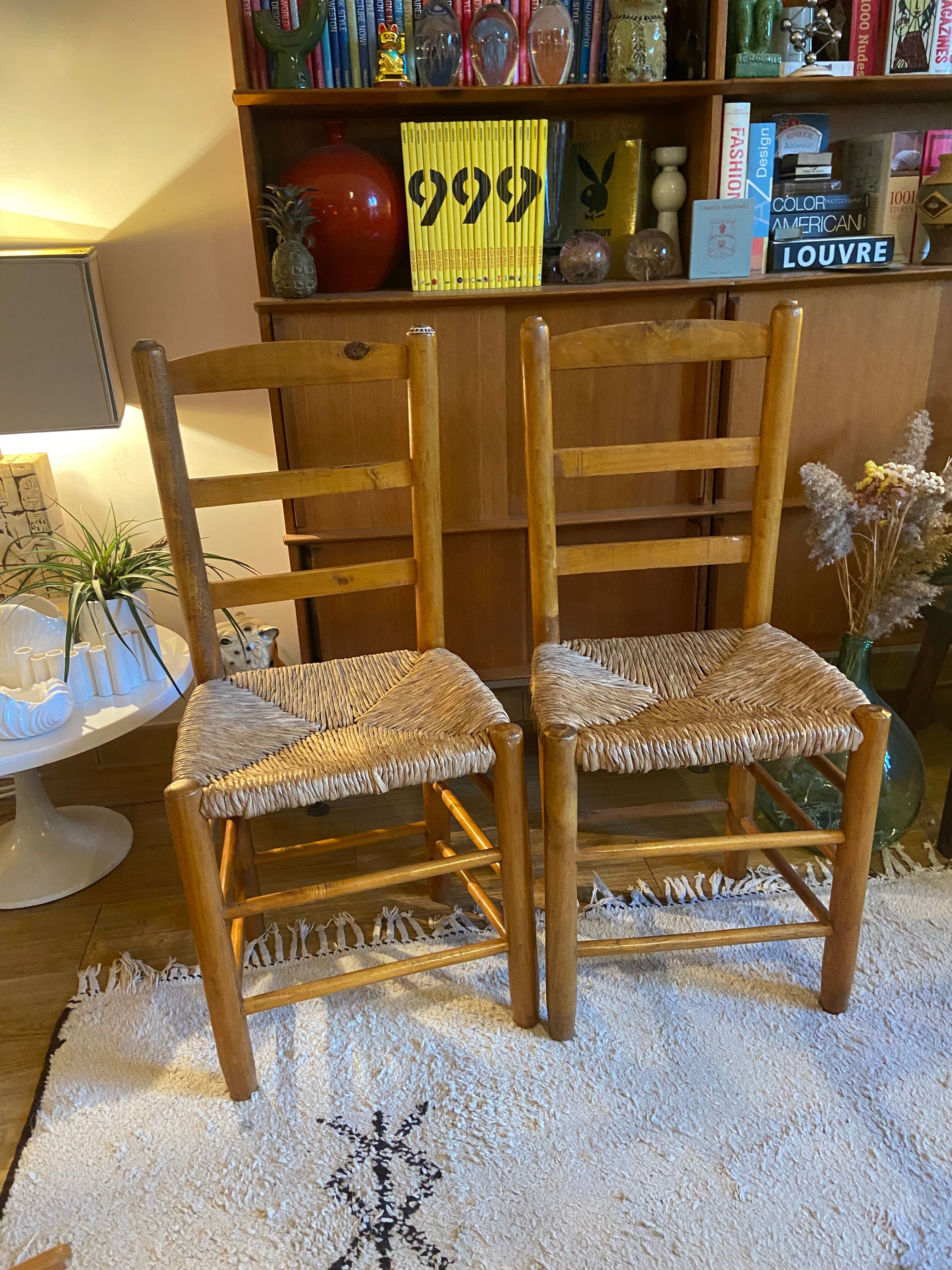 Paire de chaises en paille et bois vintage