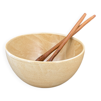 Saladier Grès Village + couverts en bois sculpté – Terre & bois