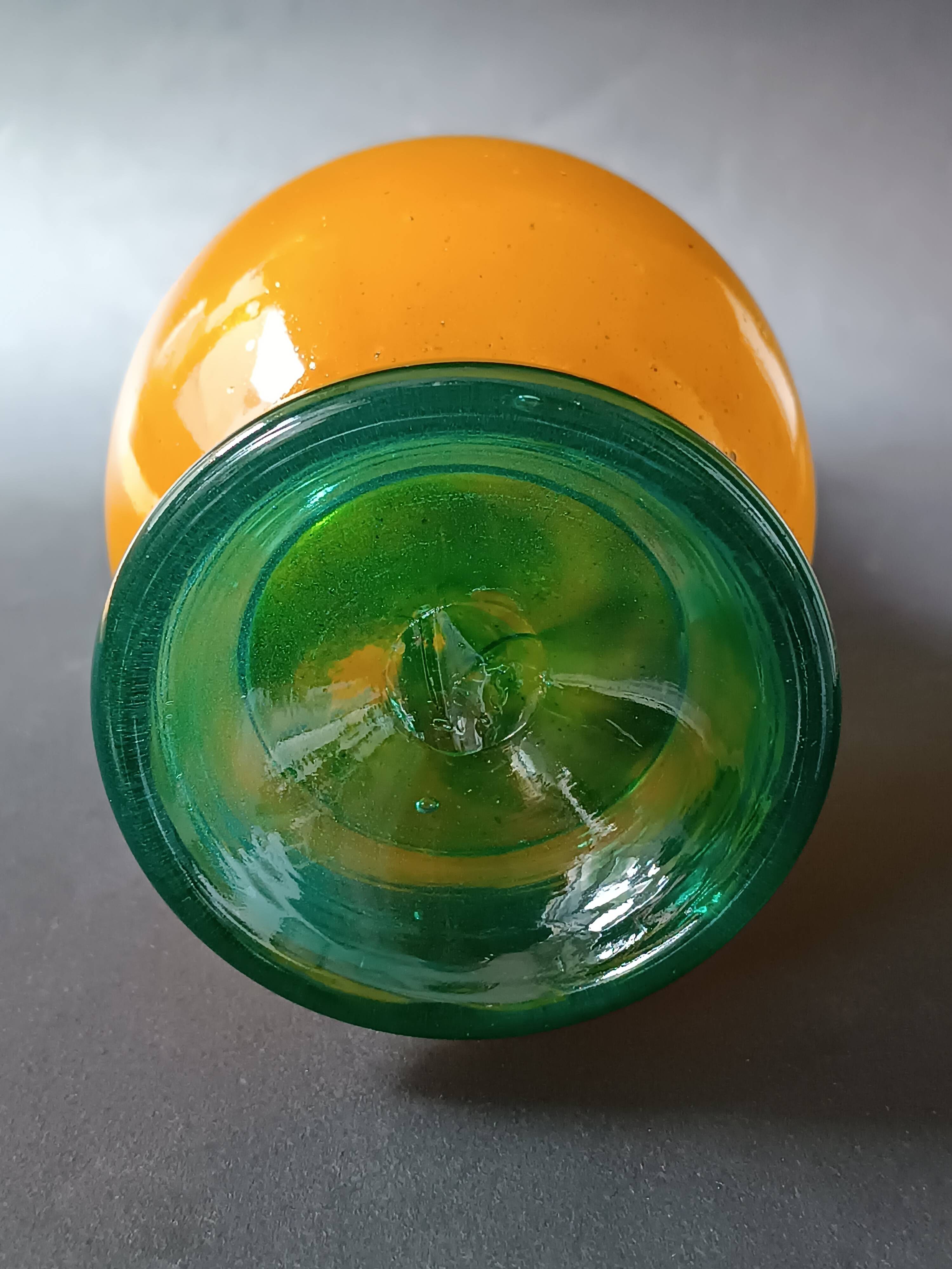 Vintage orange and green blown glass bottle, art glassware