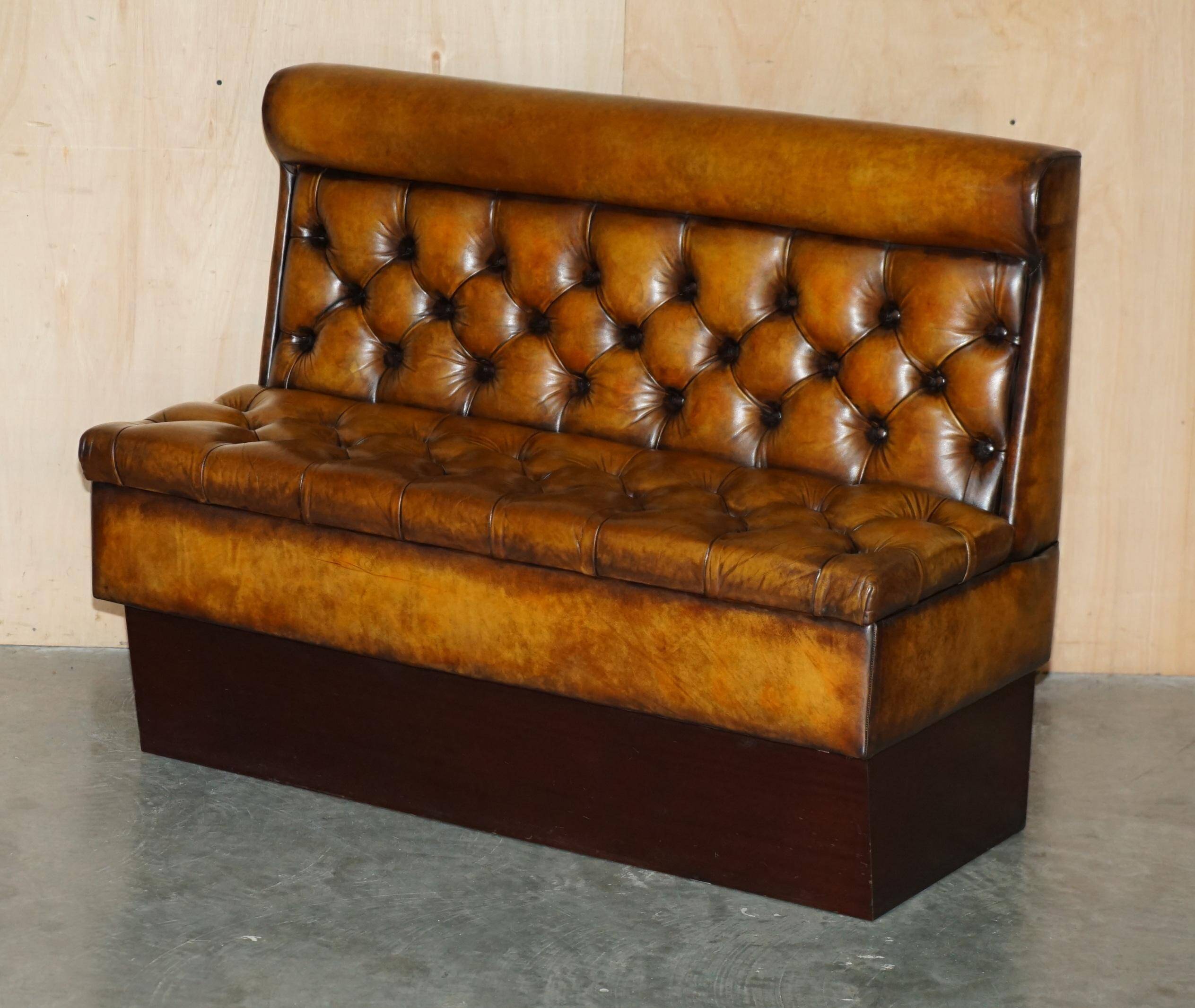 Pair of Victorian Chesterfield pub benches in leather.