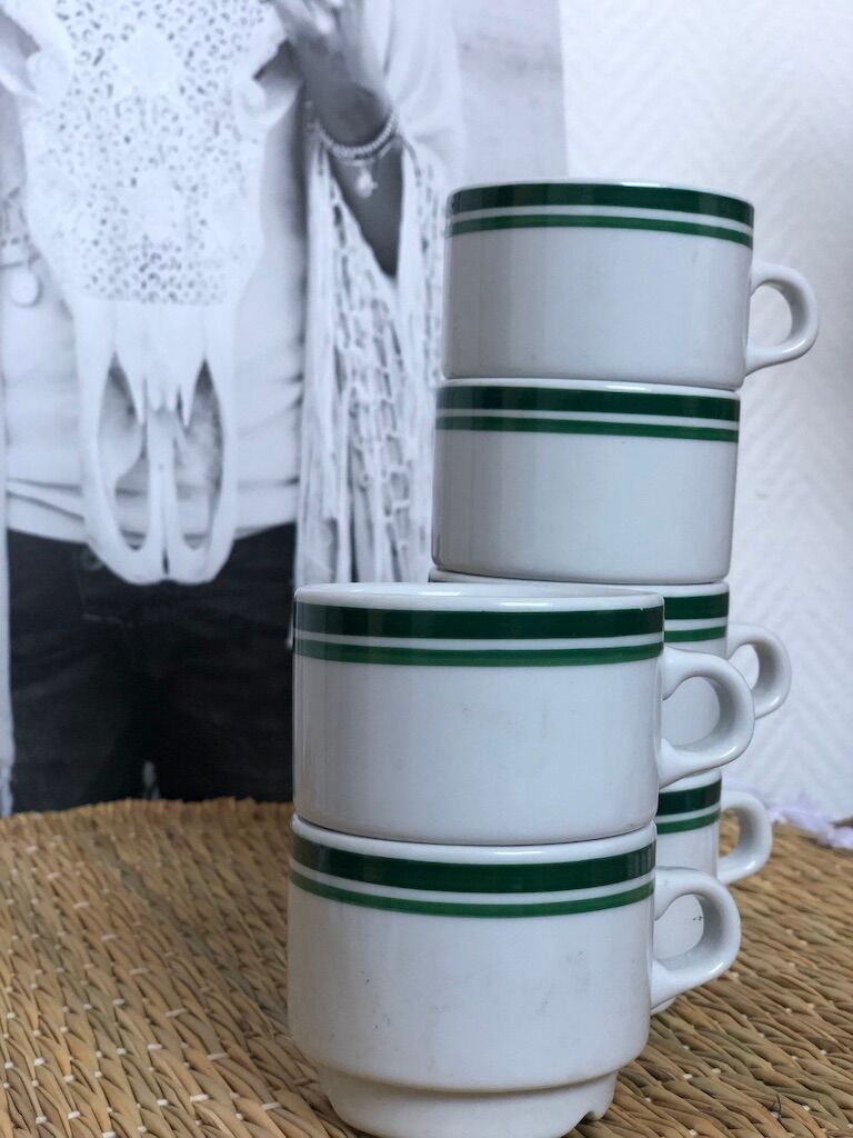 Lot 6 white porcelain cups green stripe