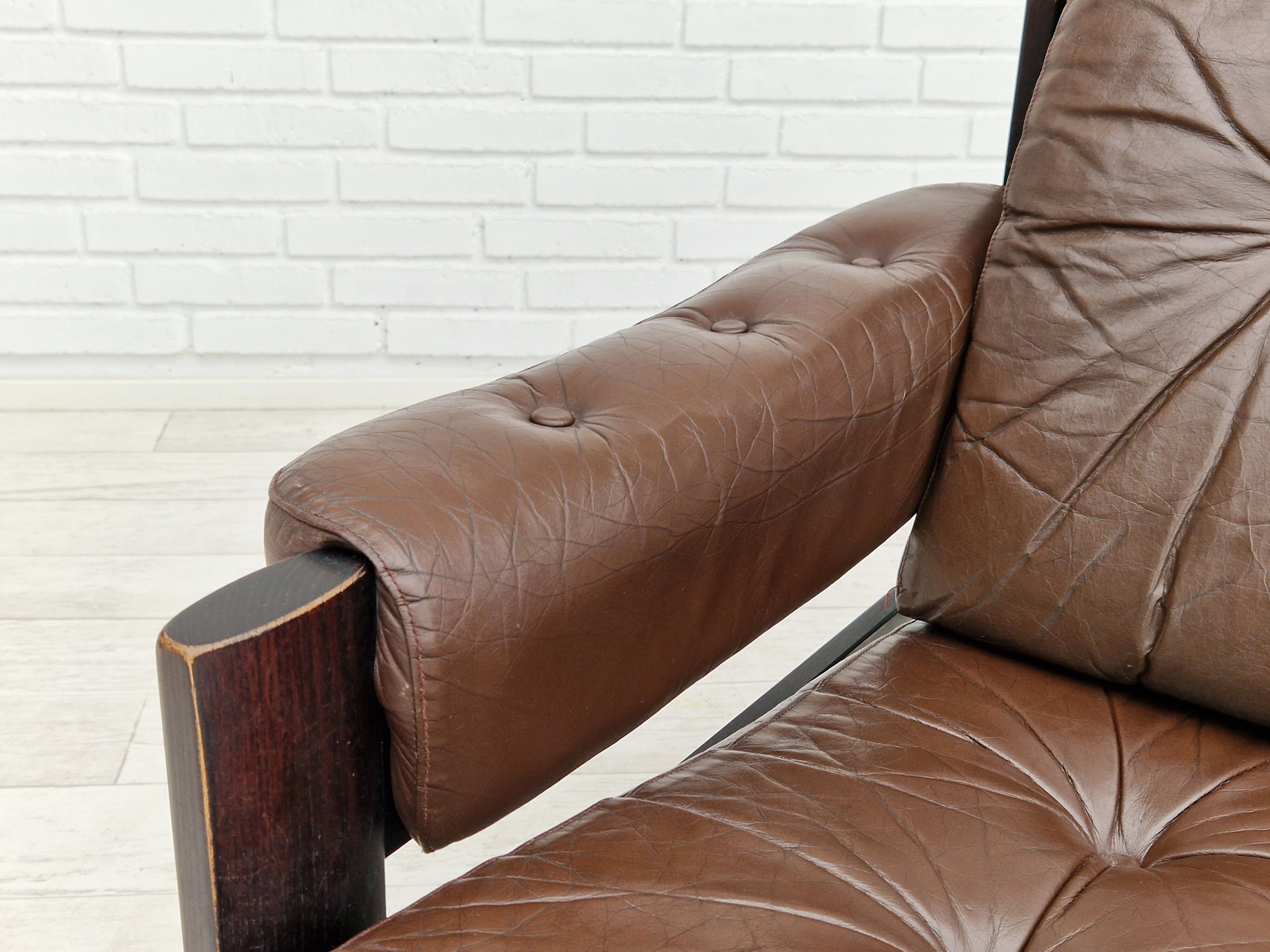 Scandinavian 2-seater sofa, original brown leather, 70s