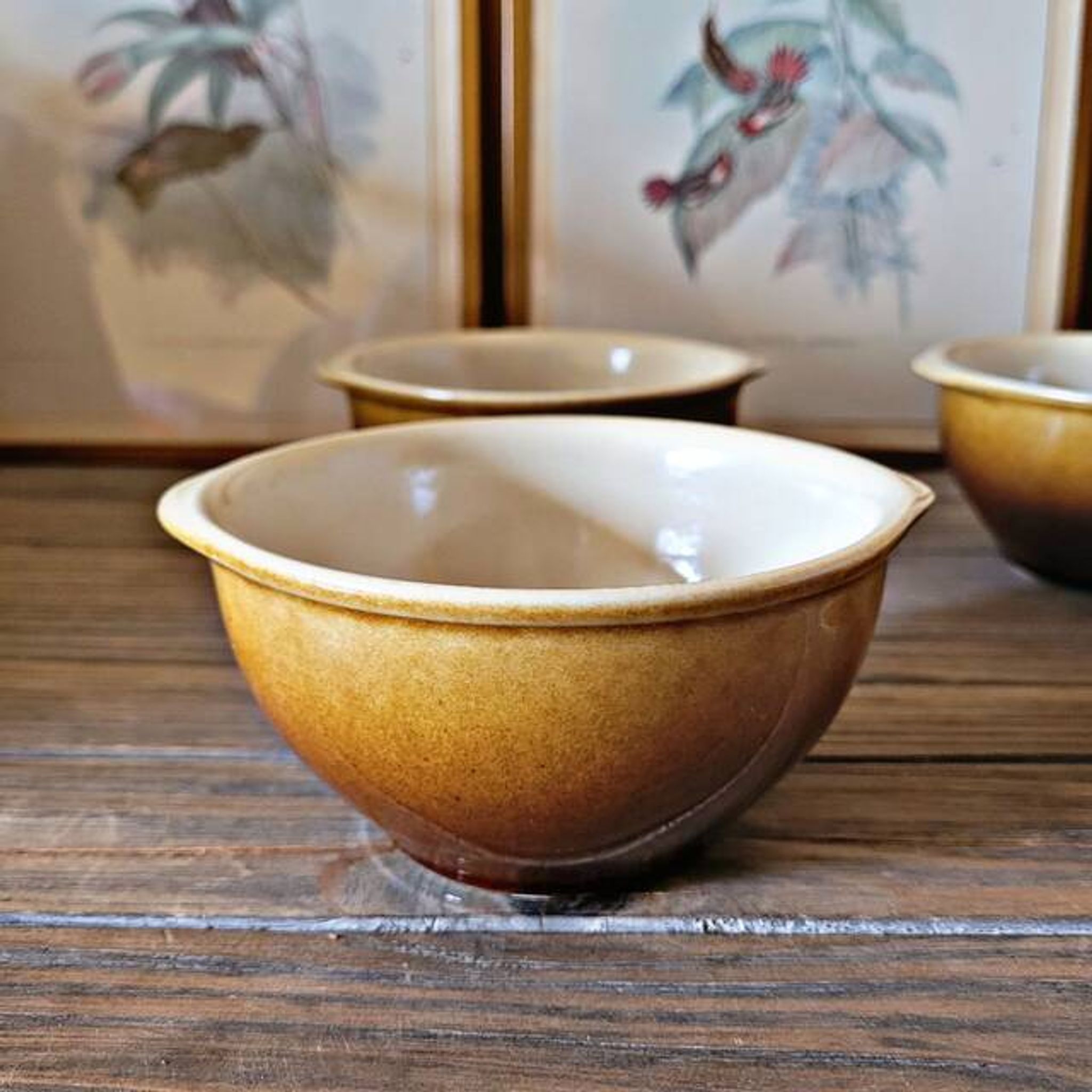 Vintage earthenware bowl with handles, brown colour.