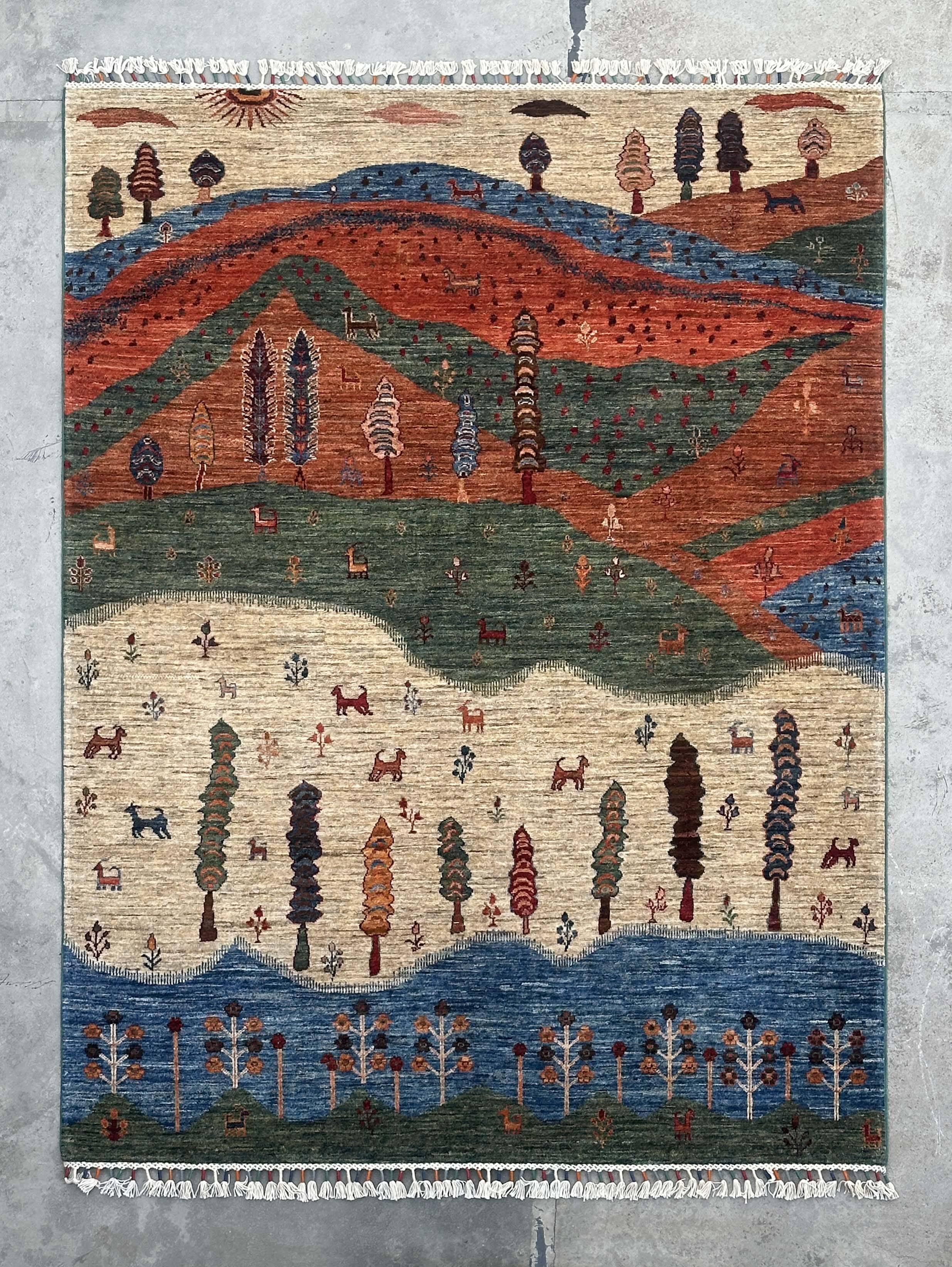 Gabbeh-Style Hand-Knotted Wool Rug with Abstract Landscape – 238×175 cm