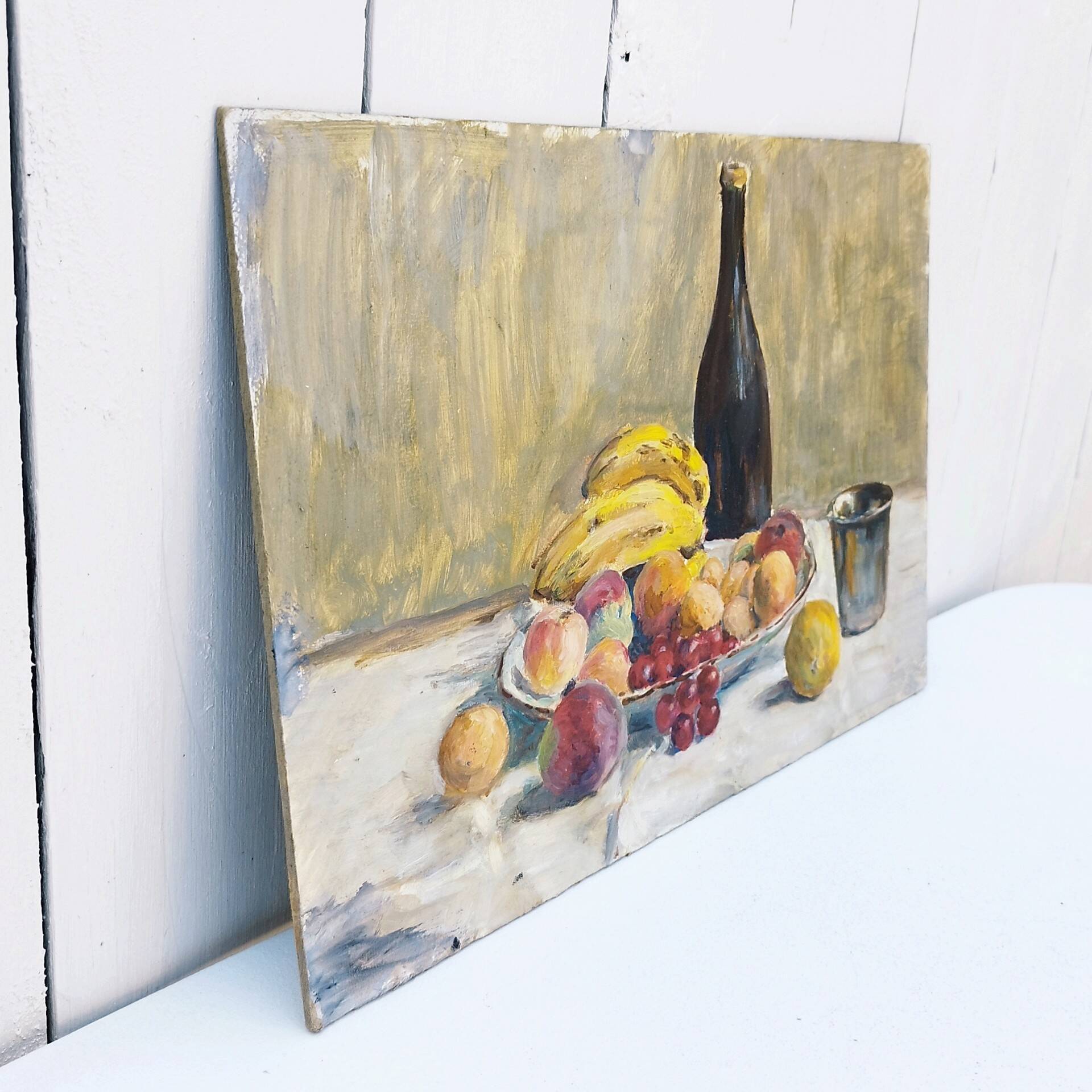 Still life painting fruit basket cider gouache
