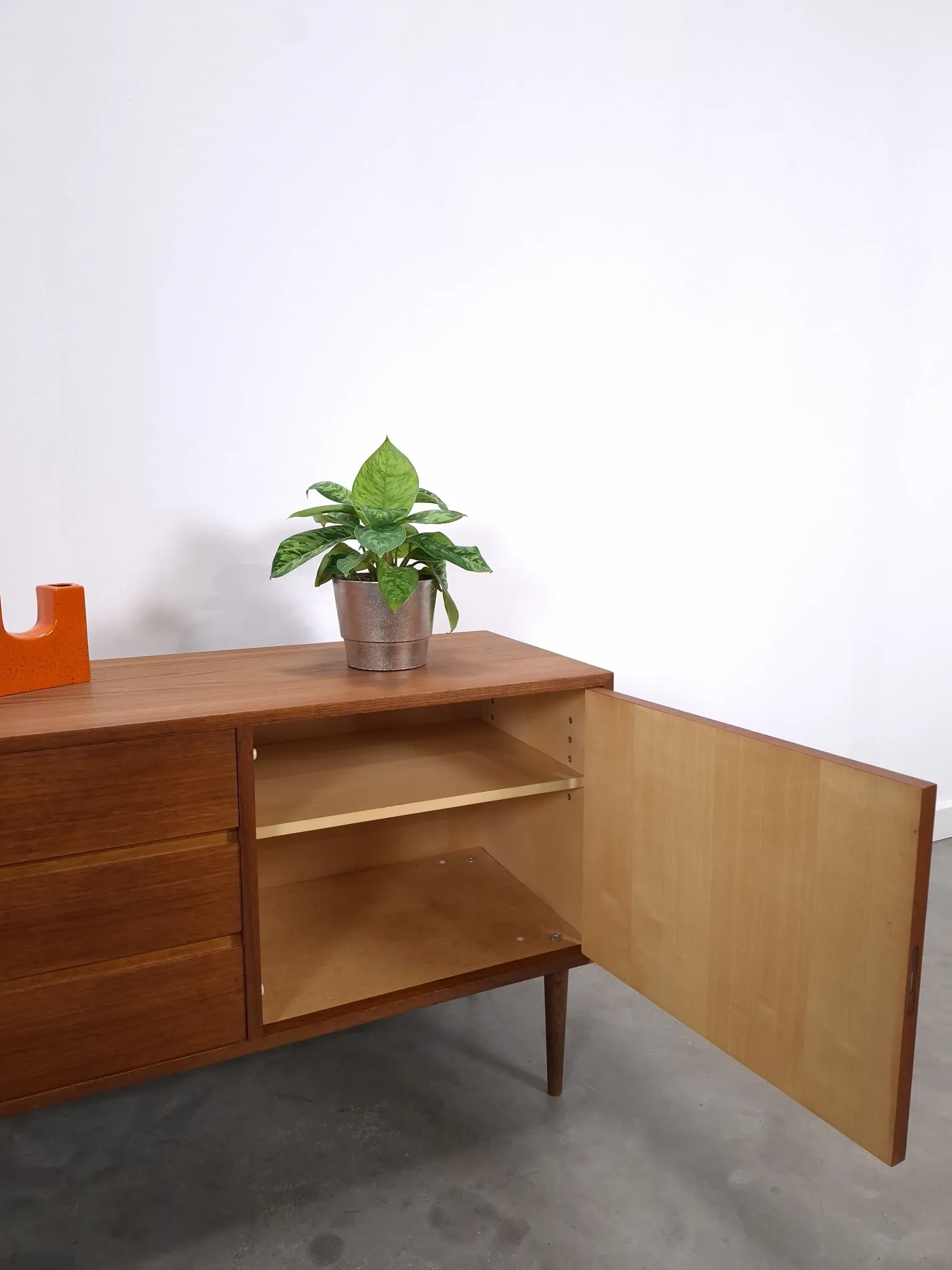 Vintage teak cabinet from the 1960s, sideboard with 3 drawers and a door.