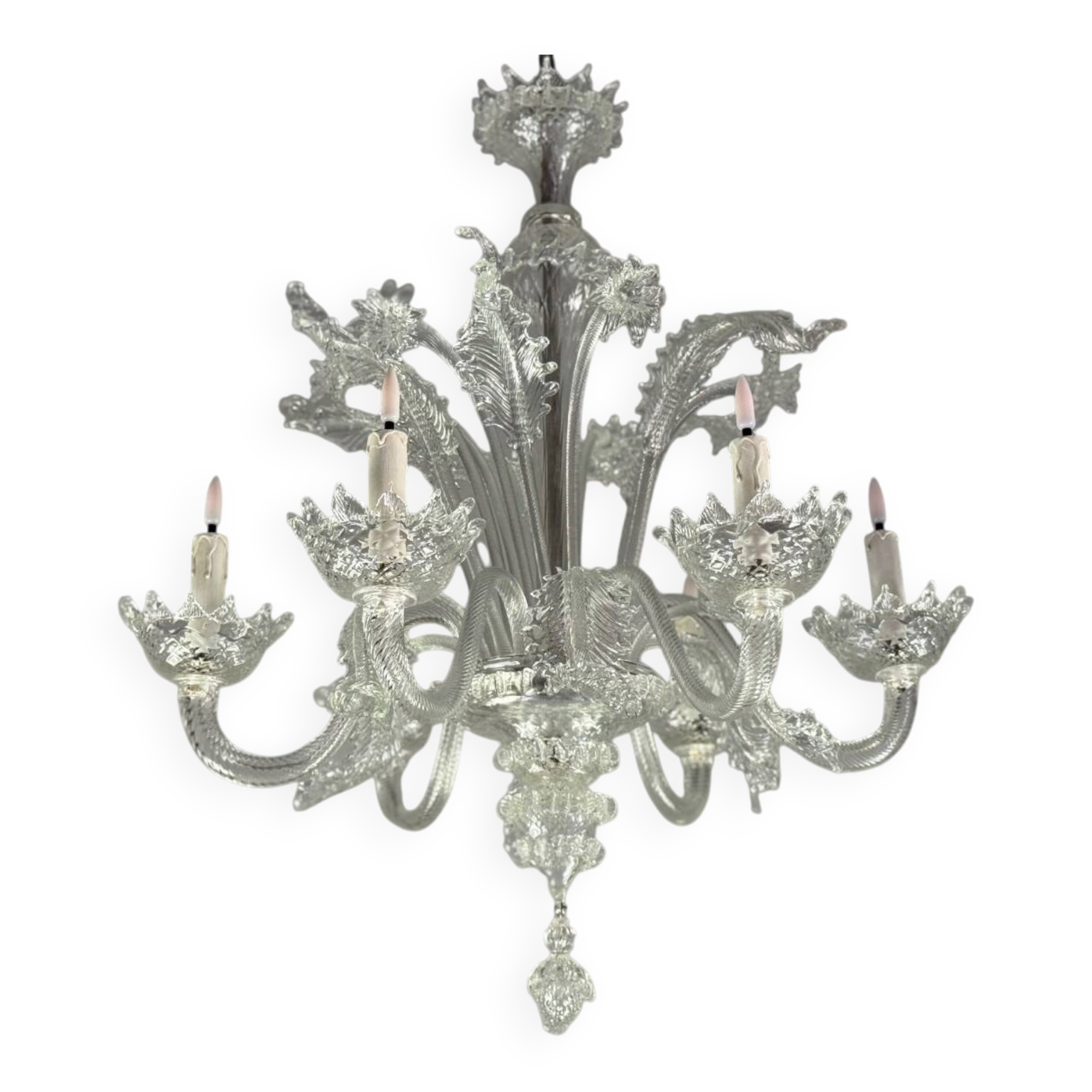 Venetian chandelier in colorless Murano glass with 6 light arms circa 1940