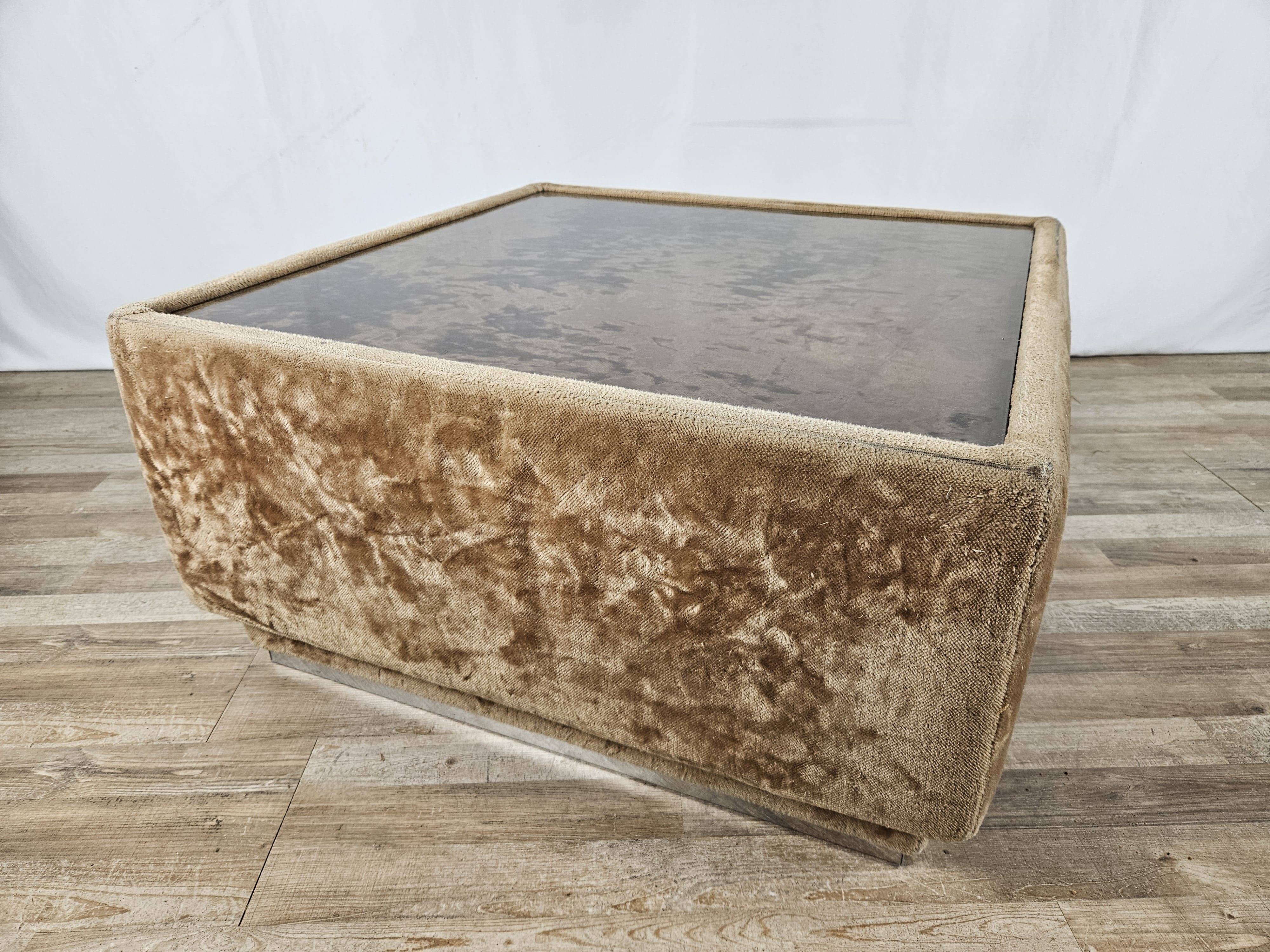 1970s coffee table covered in fabric with glass top