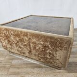1970s coffee table covered in fabric with glass top