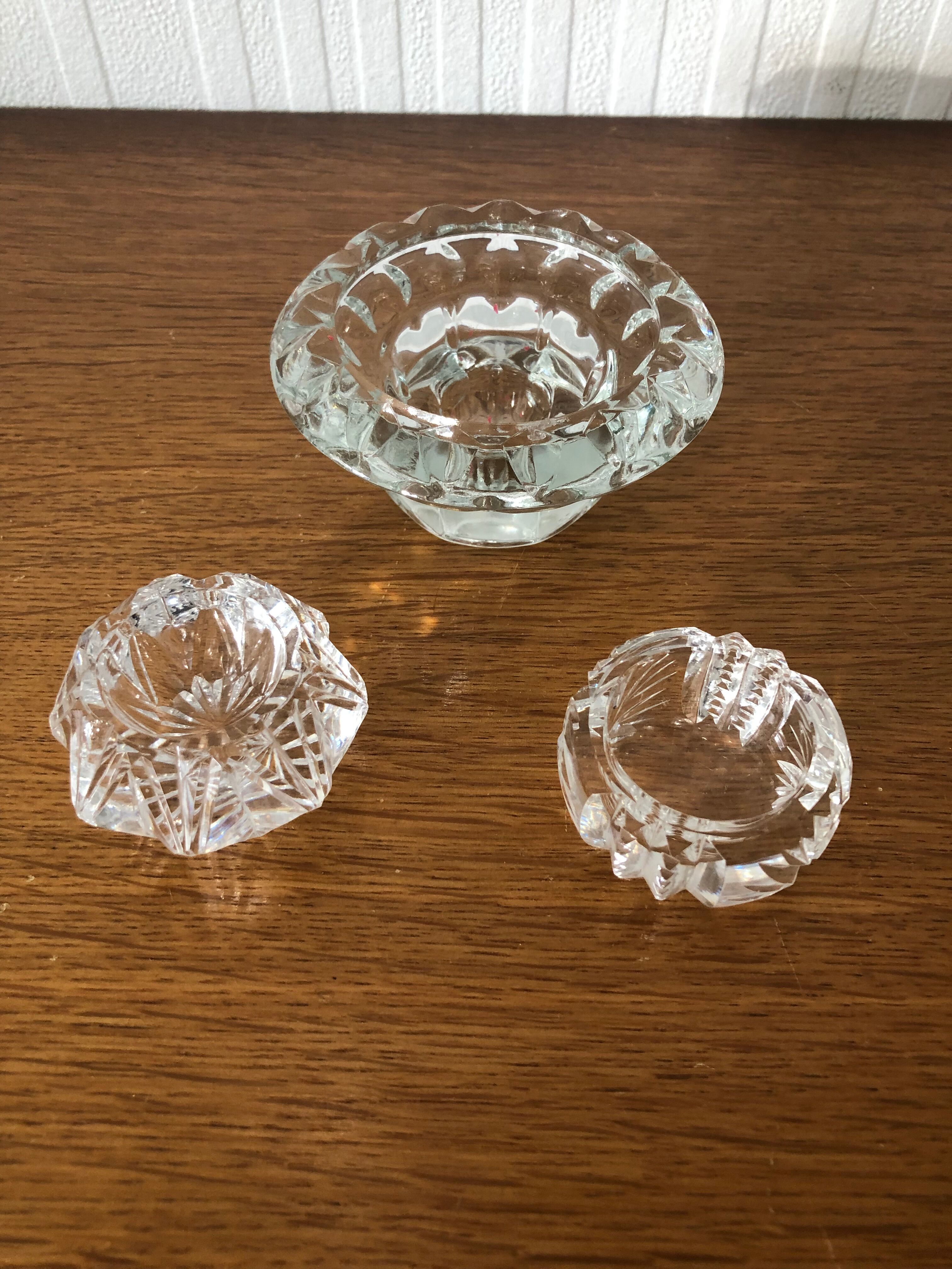3 cut glass candle holders