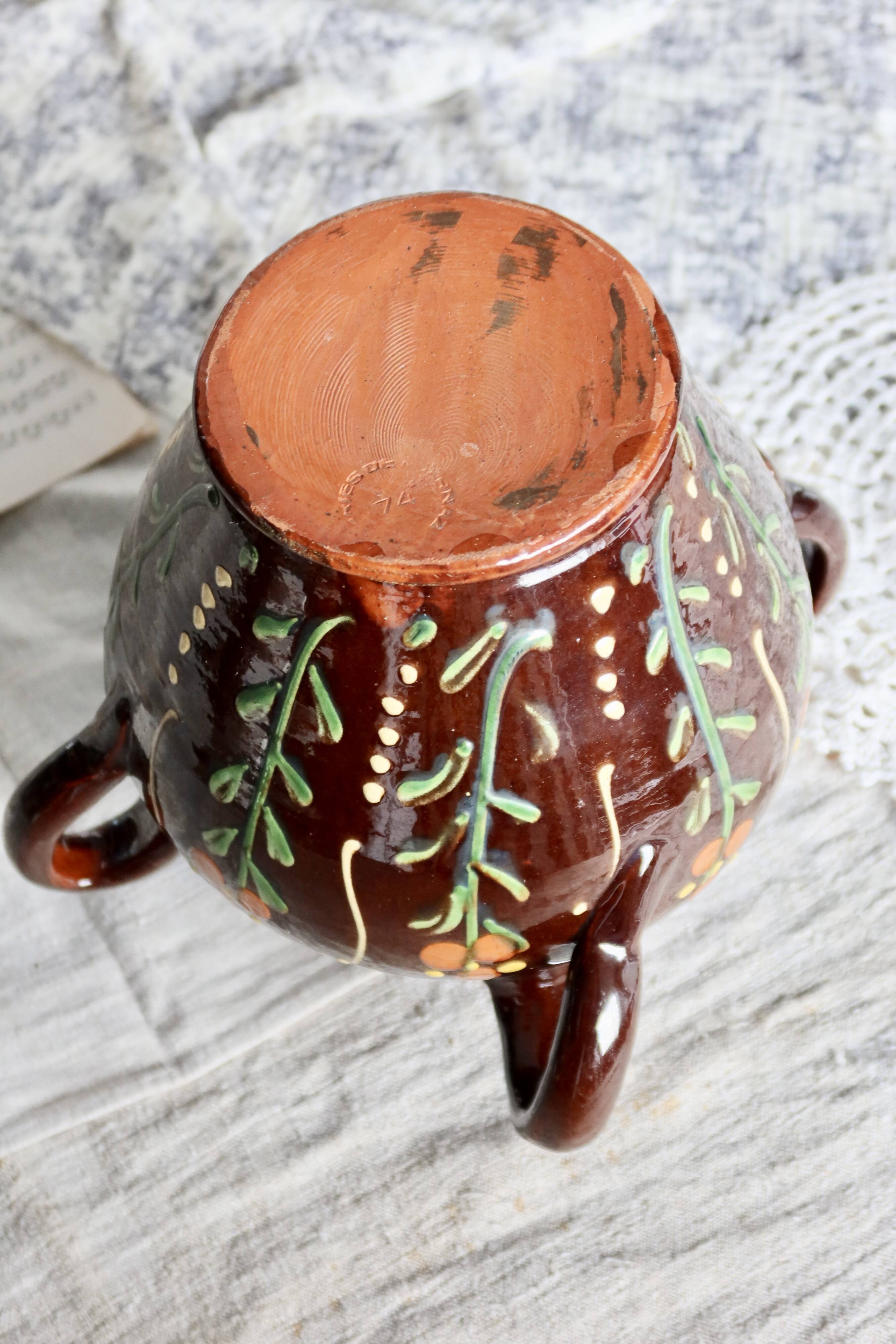 Large antique glazed ceramic jar - Floral motif