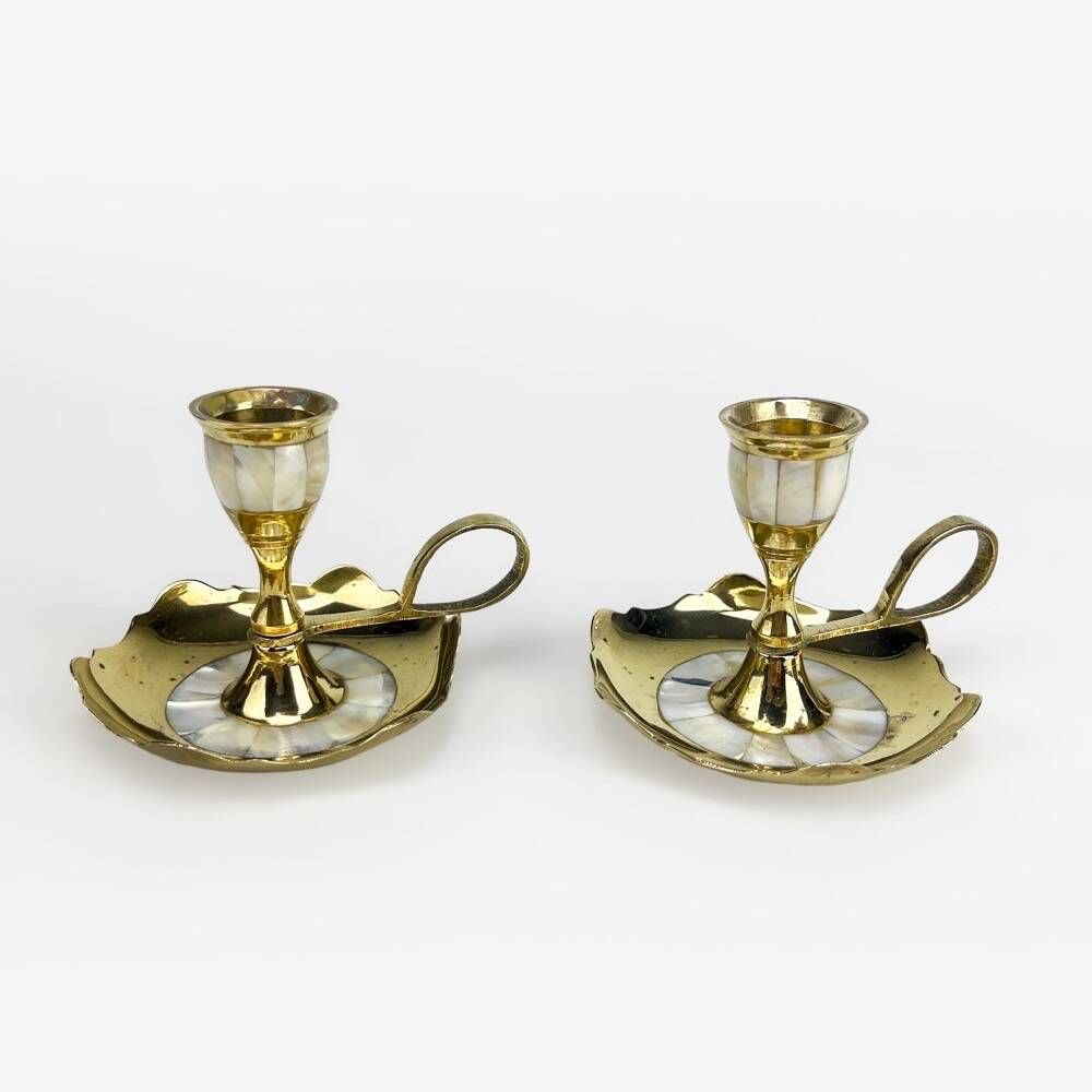 Duo of vintage brass and mother-of-pearl cellar rat candlesticks