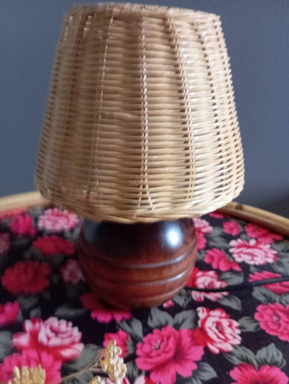 Vintage wooden and rattan table lamp