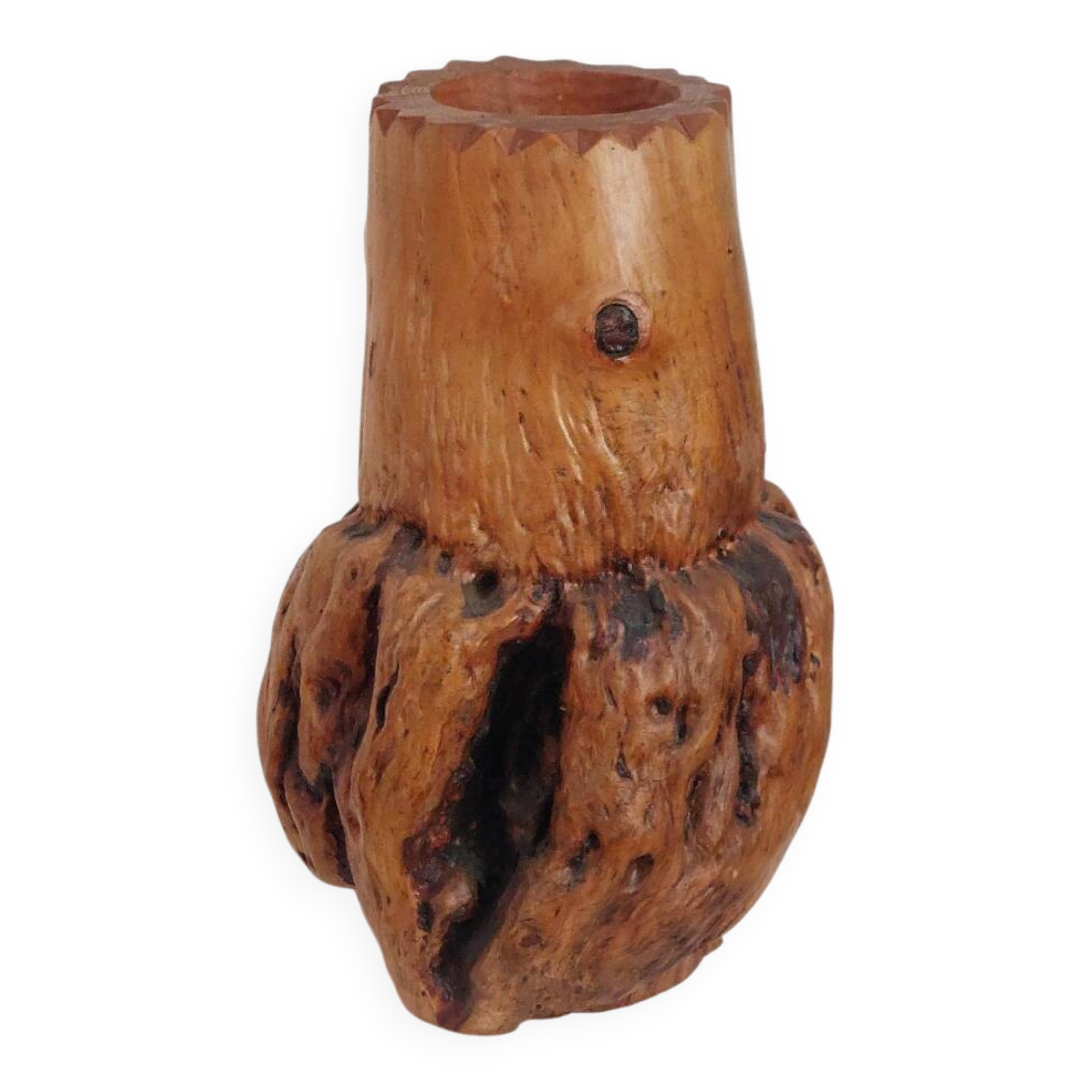 Vintage carved brutalist burl wood vase