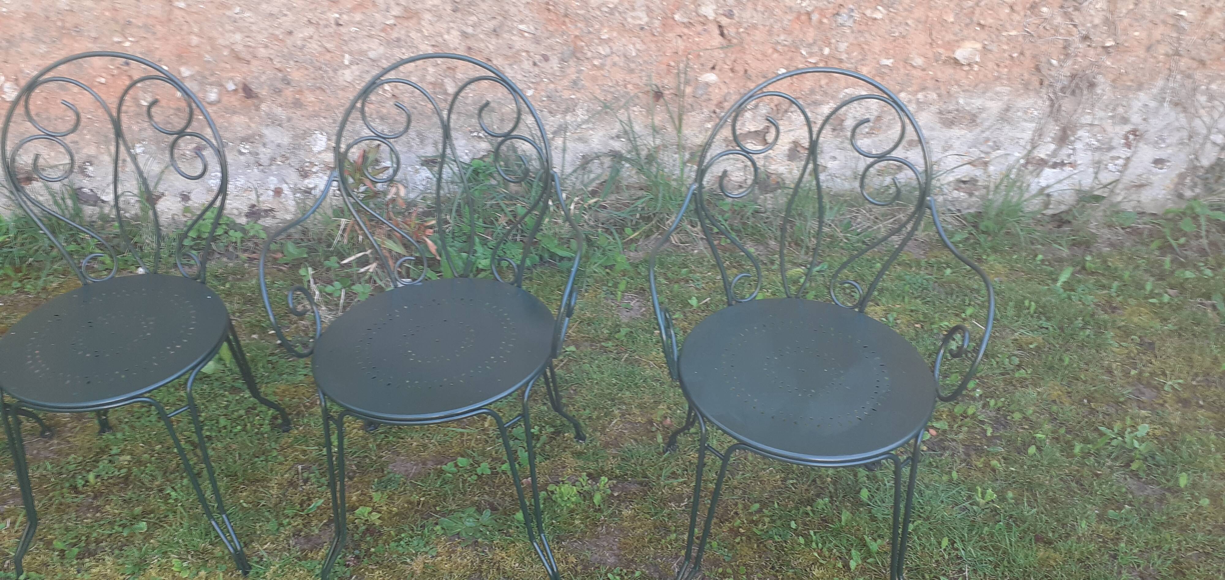 Salon de jardin 1 table 2 fauteuils 3 chaises fer forgé vert wagon