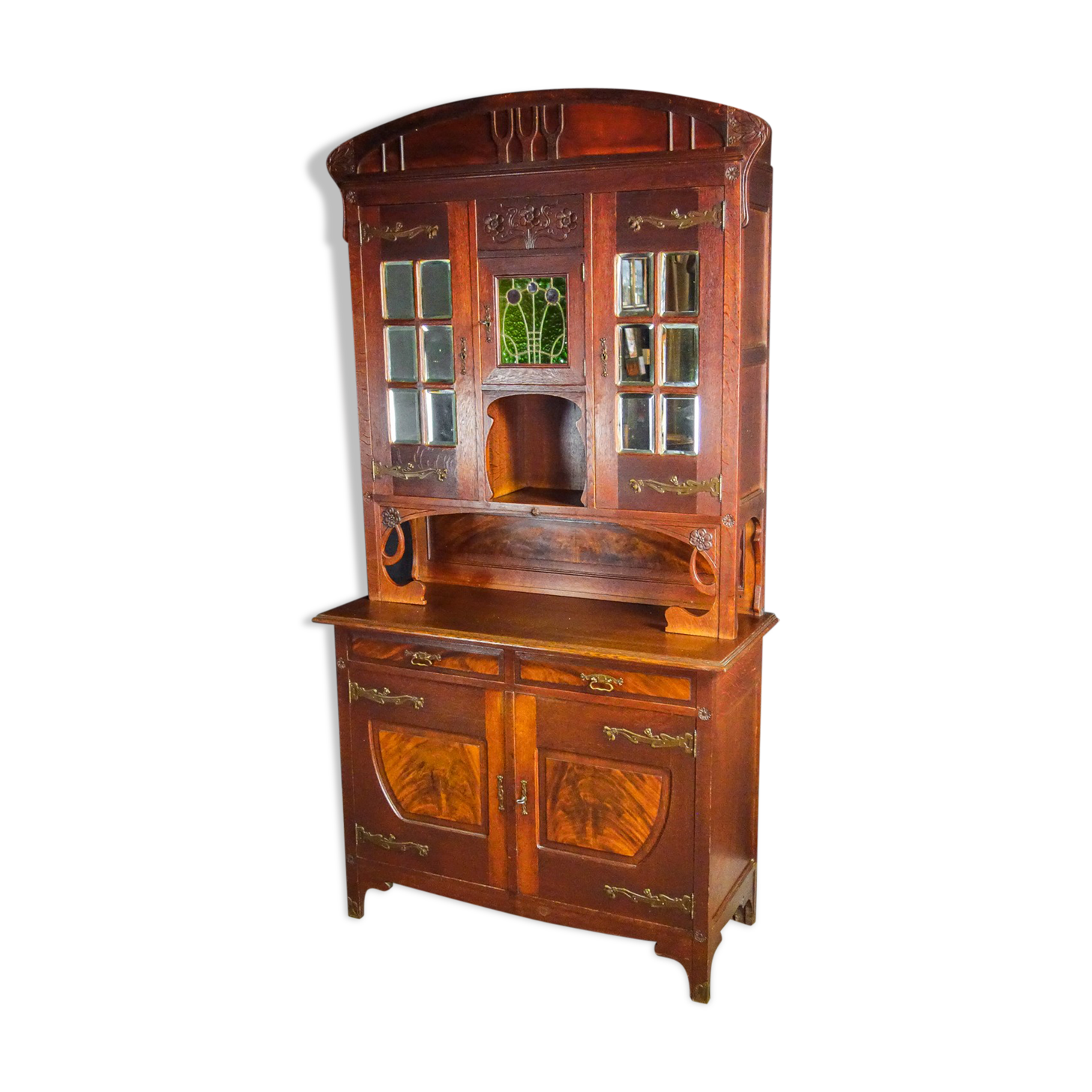 art nouveau cabinet with stained glass window, France circa 1910