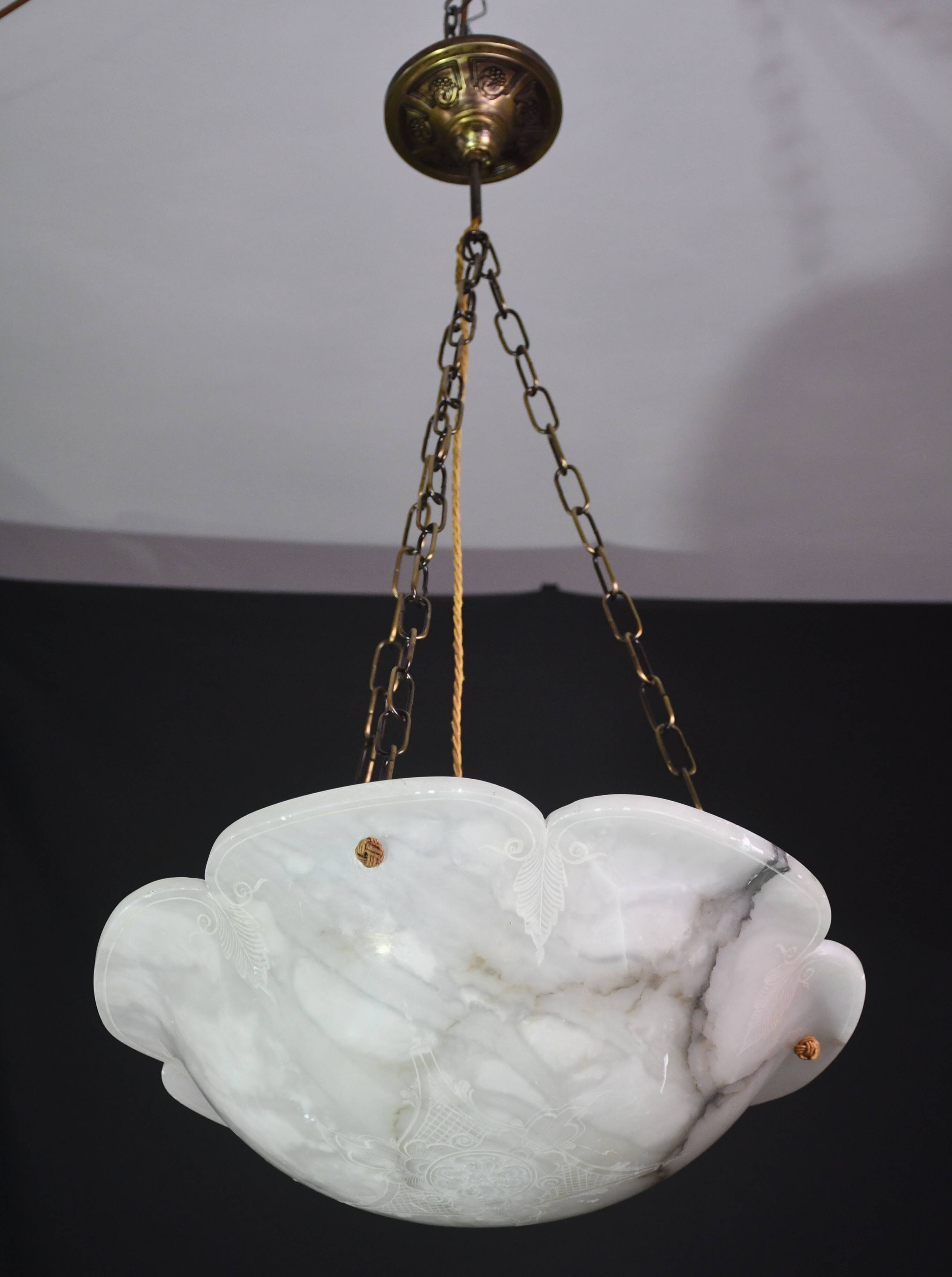 Great design extra large size Art Deco white alabaster chandelier, 1950s