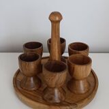 Set of 6 olive wood egg cups and tray