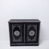 Antique wooden cabinet painted in black and with incised white painted decorations, Ettore Zaccari, Italy c 1910