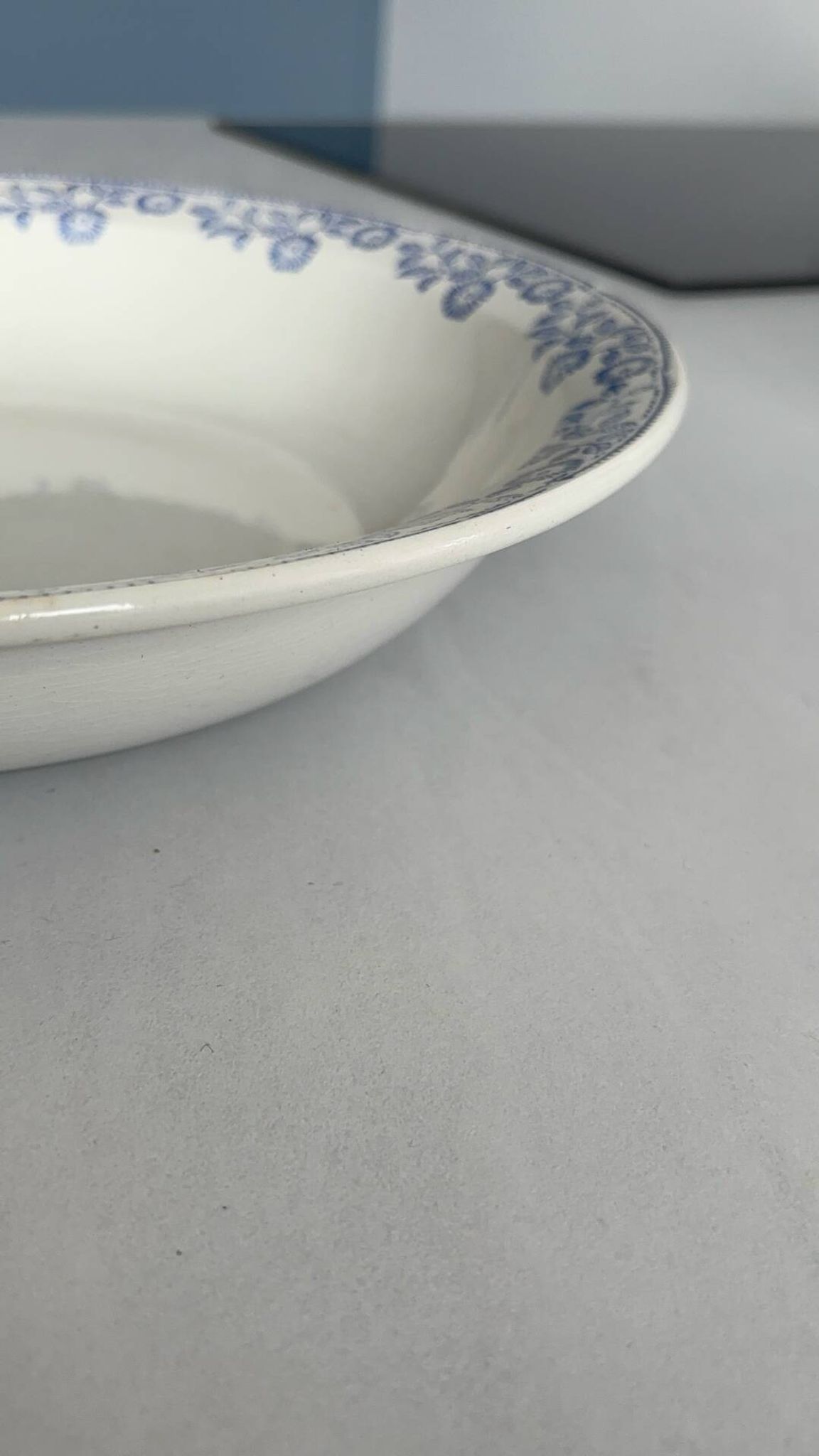 Large round salad bowl, antique blue St-Amandinoise ironstone plate.