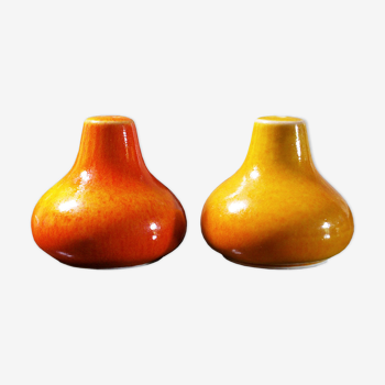 Salière et poivrière en céramique orange, années 60