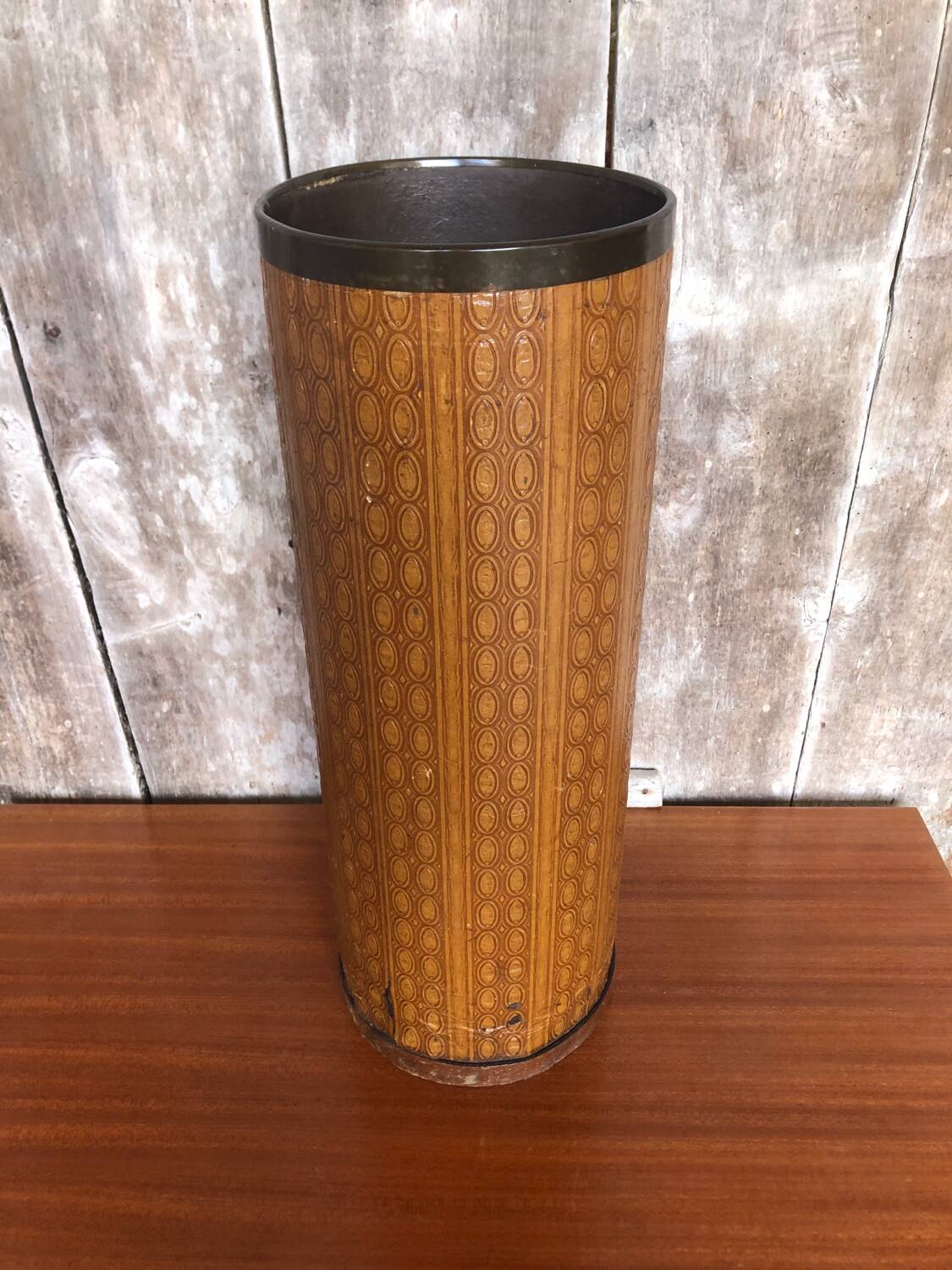 Boiled cardboard umbrella stand + brass strapping + vintage interior tray #a312