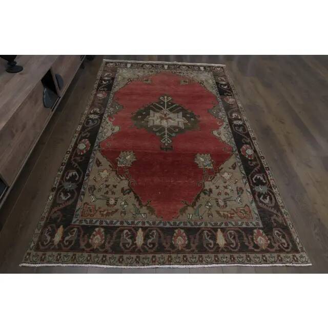 Tapis turc fait main en laine et coton rouge des années 1970 172x278