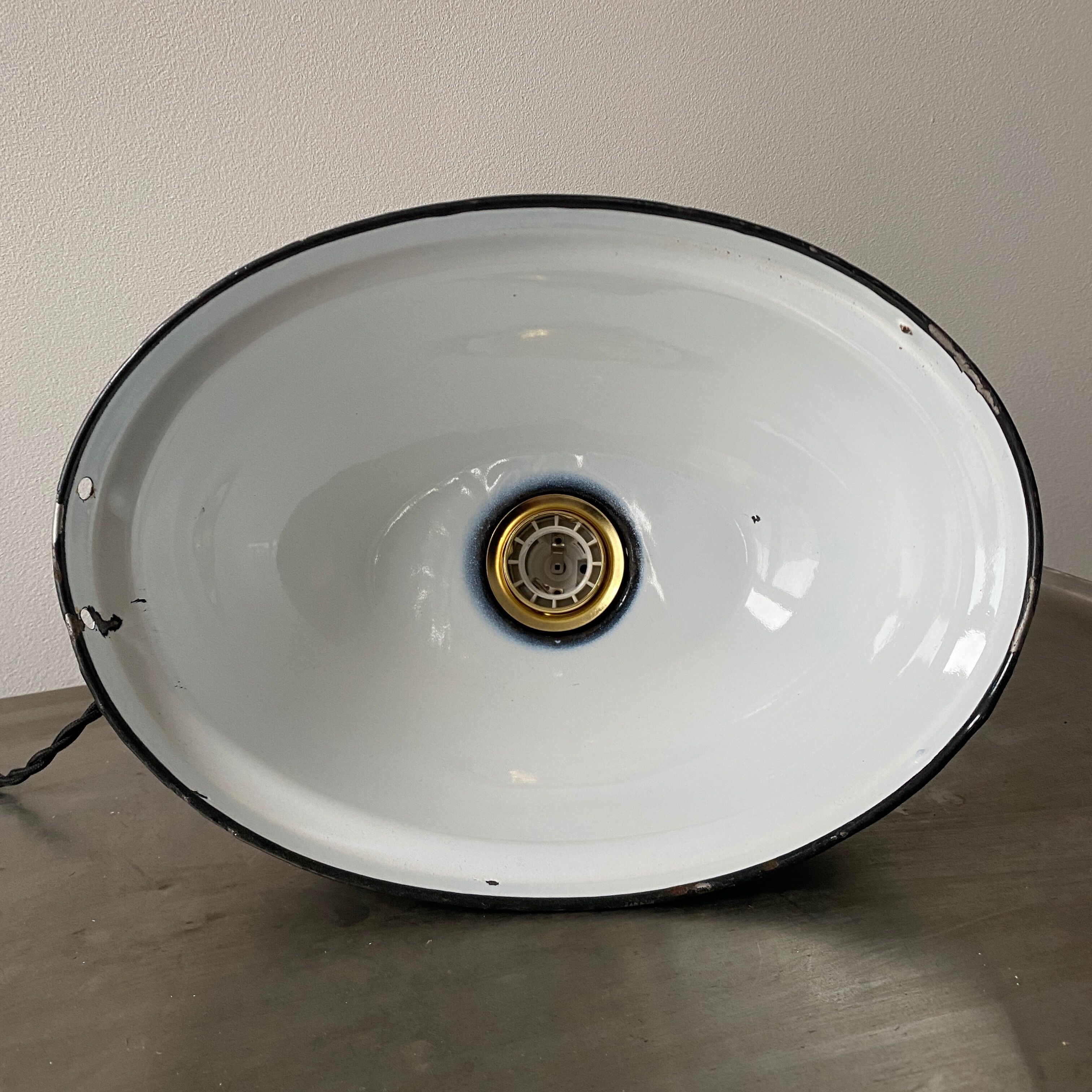 Old oval enamelled industrial hanging lamp