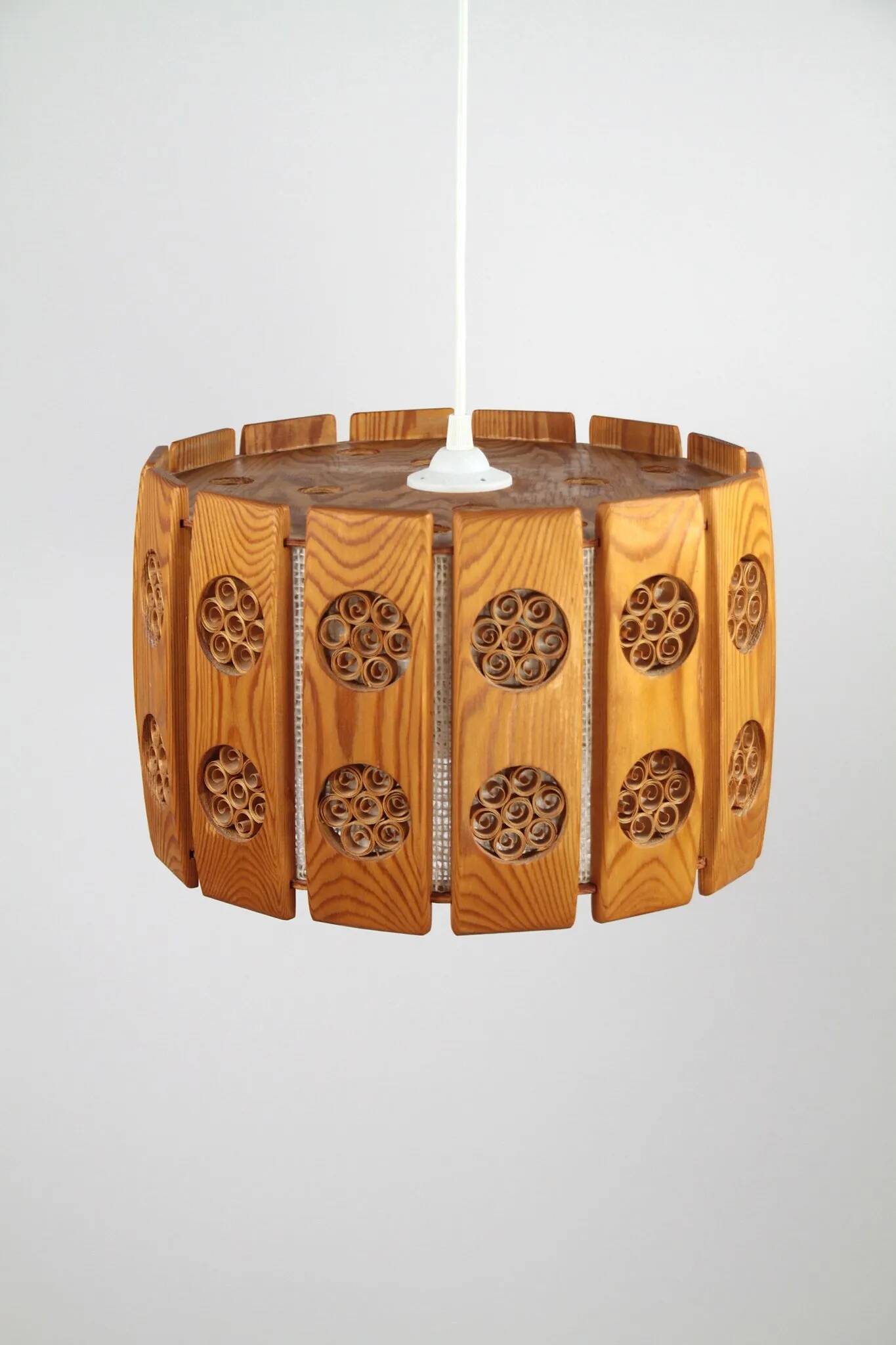 Pine Pendant Lamp with Rolled Wood Curl Rosettes – Sweden, 1970s