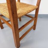 Set of 2 vintage brutalist armchairs in oak wood and straw