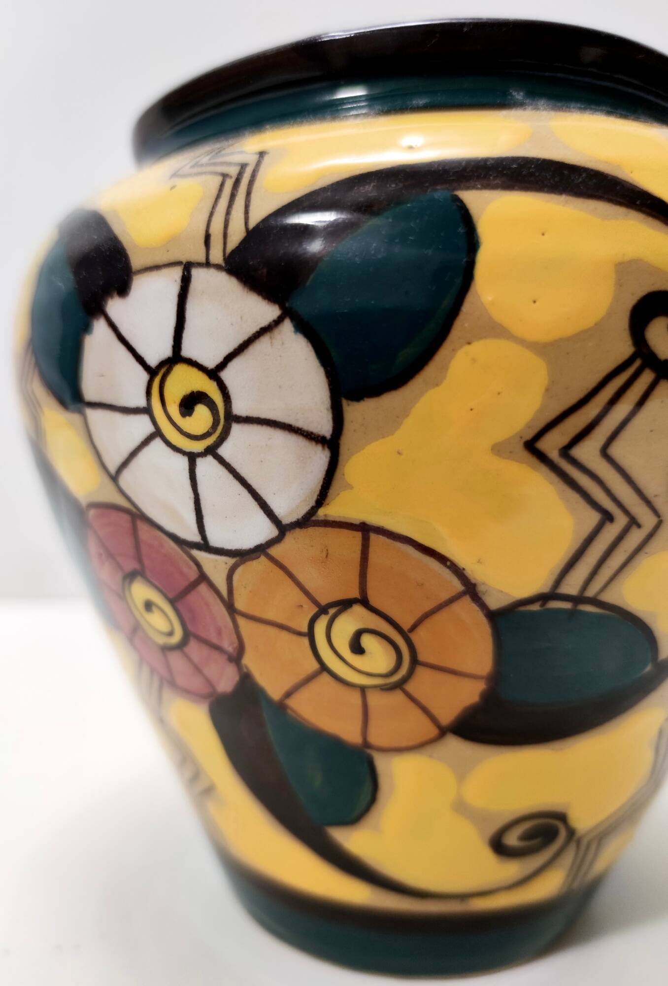 Futurist Yellow Glazed Earthenware Vase with Floral Motifs, Italy