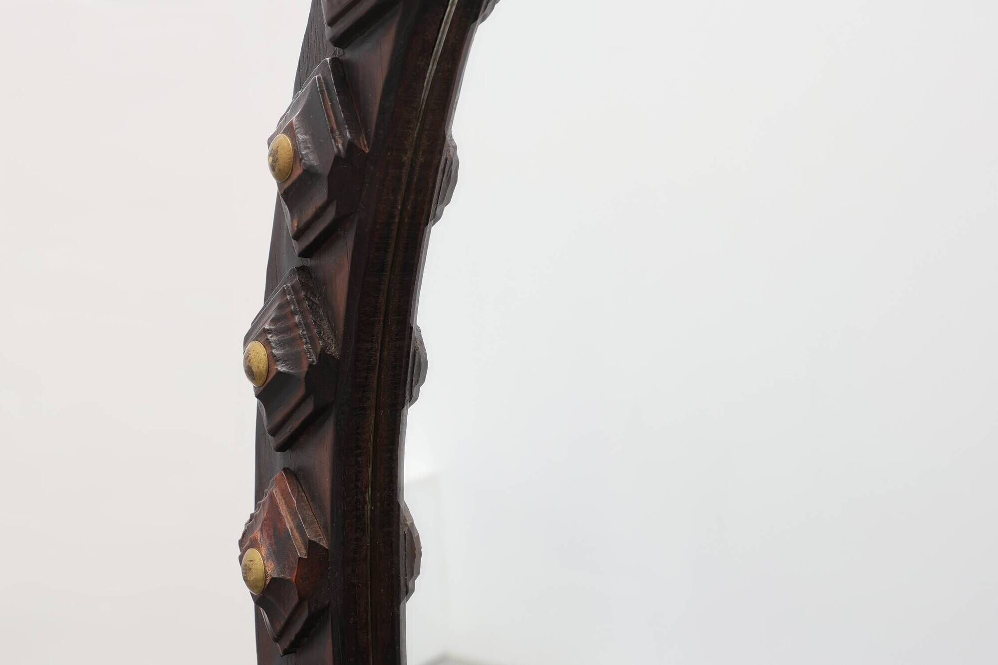 Spanish Brutalist Oval Mirror in Hand-Carved Wood with Brass Studs