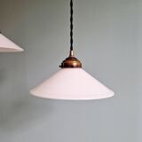 Pair of Art Deco conical white opaline pendants, 1920-30.