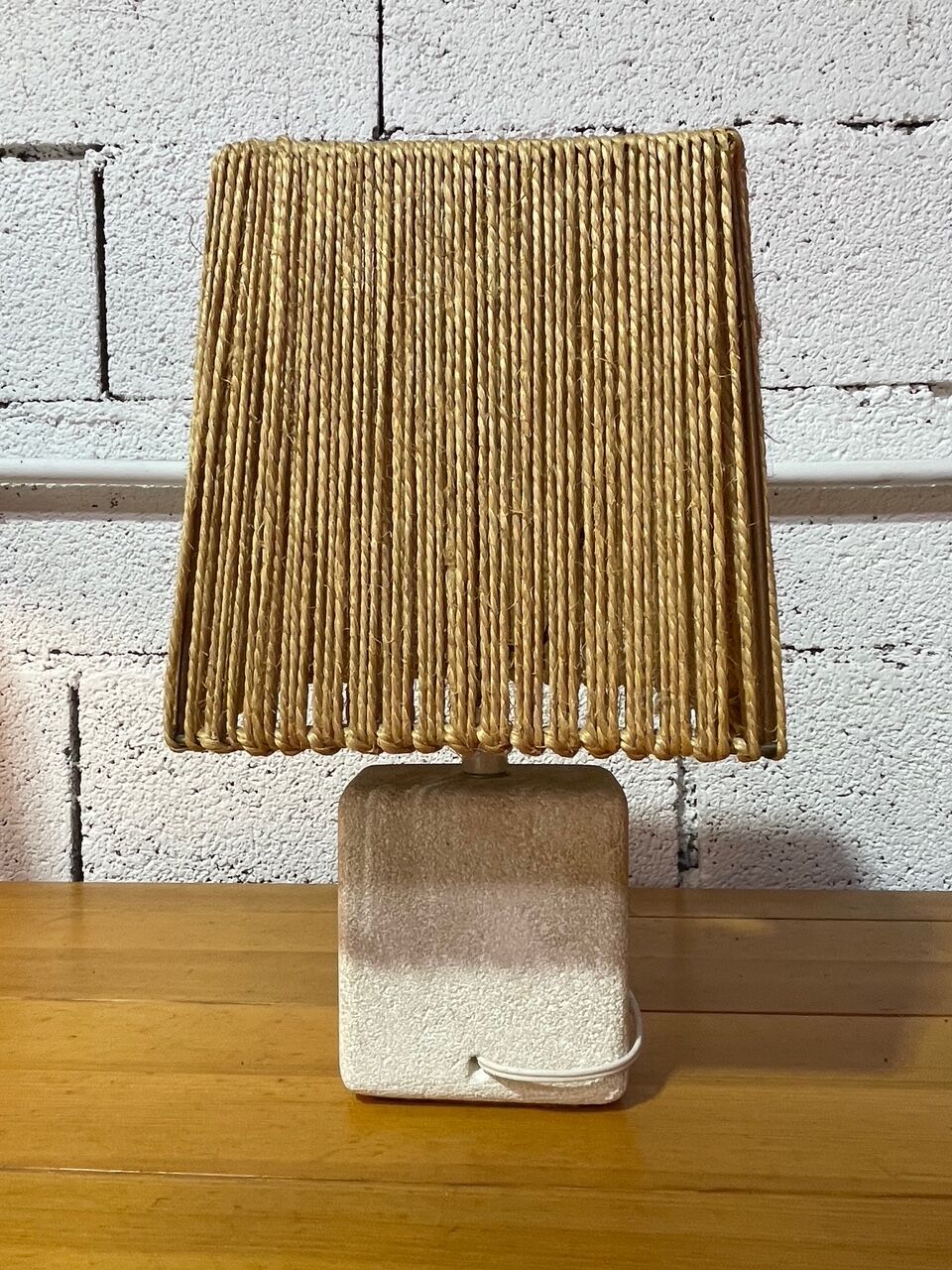 Vintage stone lamp with a cord lampshade from the 1970s.