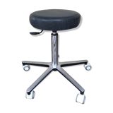 Stool on metal stand in star on wheels sitting round padded skaï bluish
