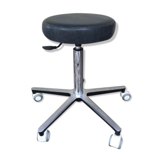 Stool on metal stand in star on wheels sitting round padded skaï bluish