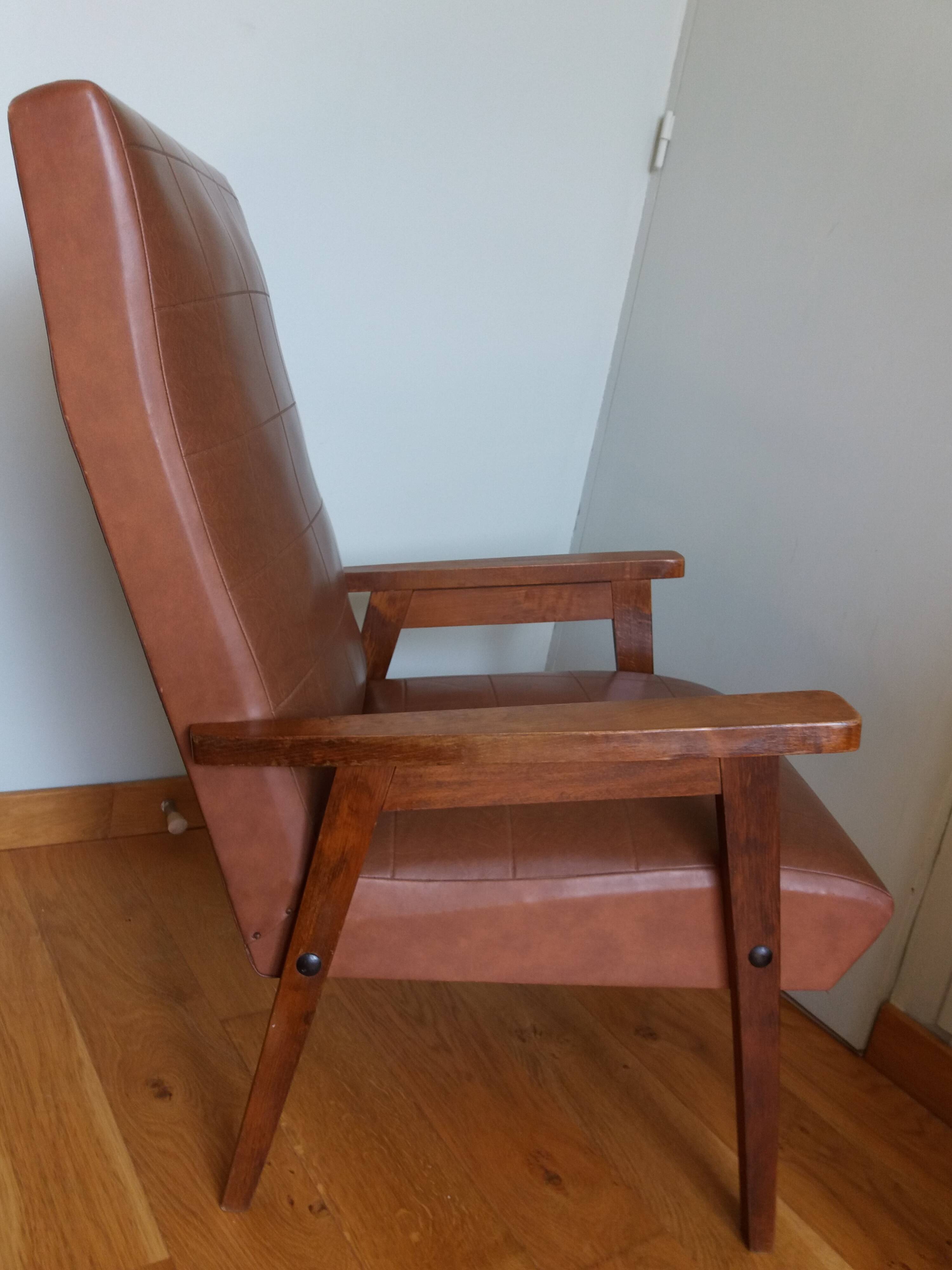 Scandinavian brown skai and wood armchair