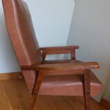 Scandinavian brown skai and wood armchair
